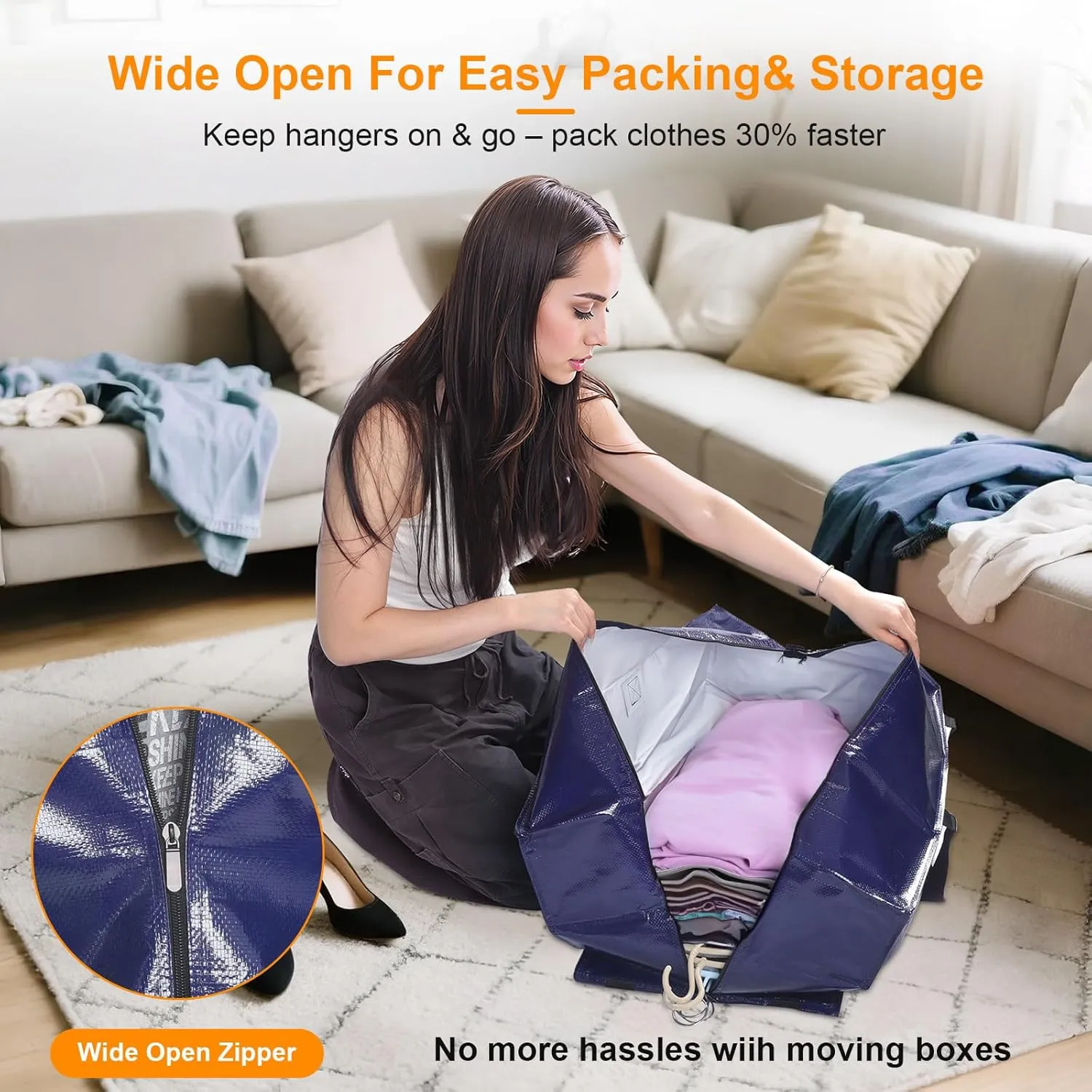 CHVEGLUZ 2 Packs Moving Bags Heavy Duty Extra Large,Storage Bags with Zipper&Handles, Sturdy&Durable Clothes Storage Bags Totes for College Dorm Essentials, Moving Boxes for College Supplies, Blue