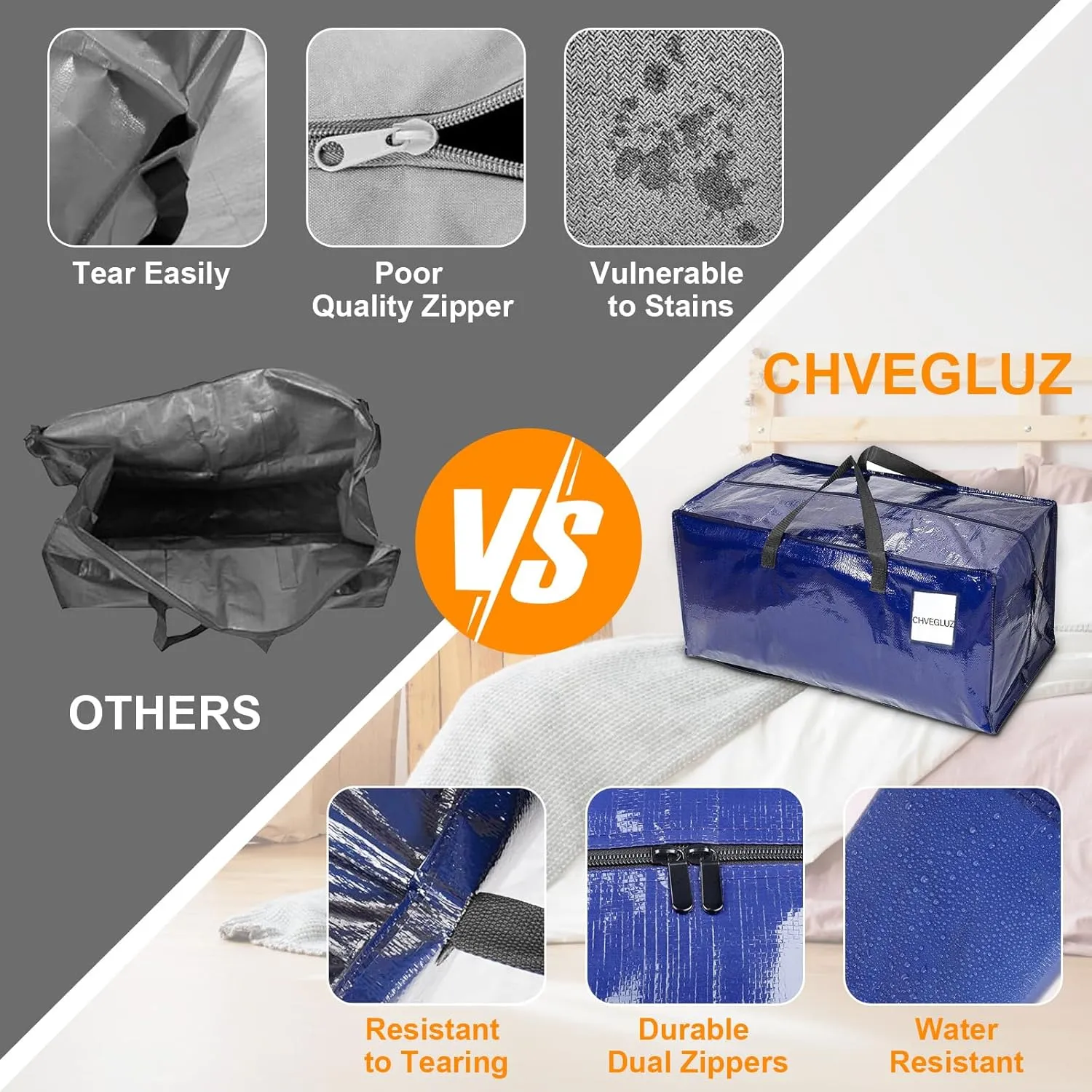 CHVEGLUZ 2 Packs Moving Bags Heavy Duty Extra Large,Storage Bags with Zipper&Handles, Sturdy&Durable Clothes Storage Bags Totes for College Dorm Essentials, Moving Boxes for College Supplies, Blue