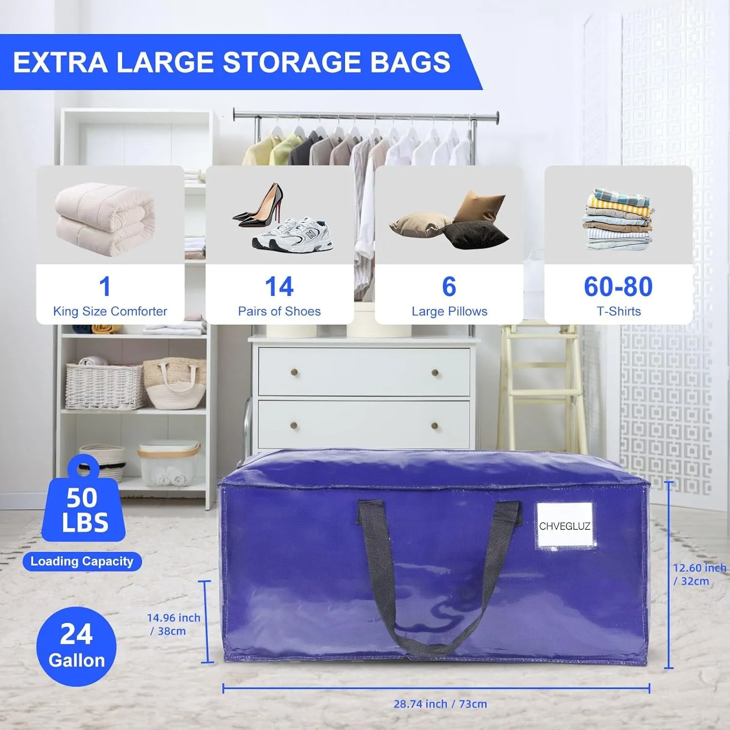 CHVEGLUZ 2 Packs Moving Bags Heavy Duty Extra Large,Storage Bags with Zipper&Handles, Sturdy&Durable Clothes Storage Bags Totes for College Dorm Essentials, Moving Boxes for College Supplies, Blue