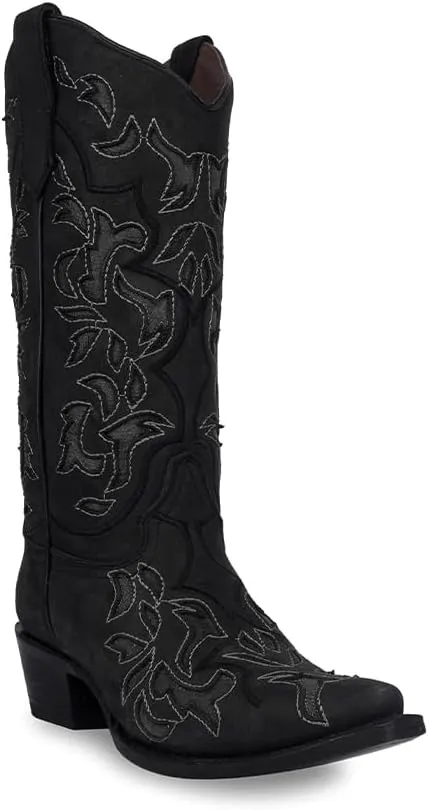 Circle G LADIE'S BLACK/GREY INLAY & EMBROIDERY 43.8 X 34.8 X 11.0 SOLE,COWHIDE LEATHER, WESTERN BOOT, L6033