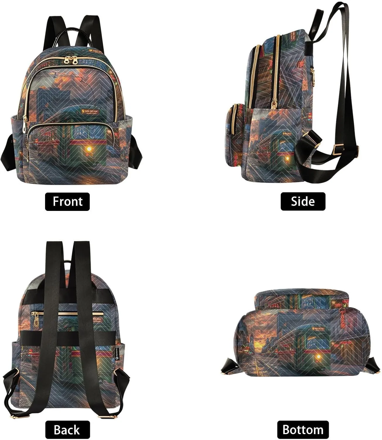 City Tram Streetcars Mini Backpack Purse for Women Fashion Quilted Backpack Small Travel Daypack, 14L