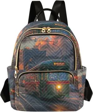 City Tram Streetcars Mini Backpack Purse for Women Fashion Quilted Backpack Small Travel Daypack, 14L