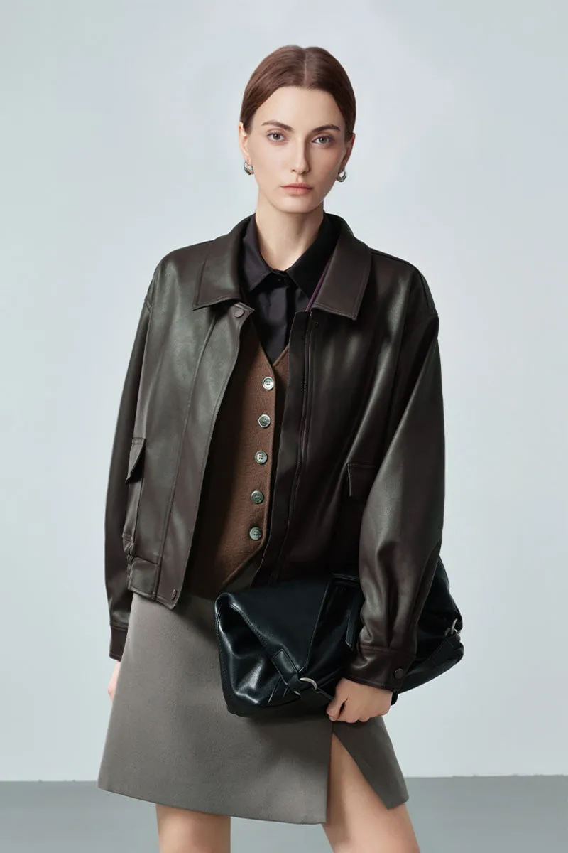 Classic Faux Leather Bomber Jacket in Green