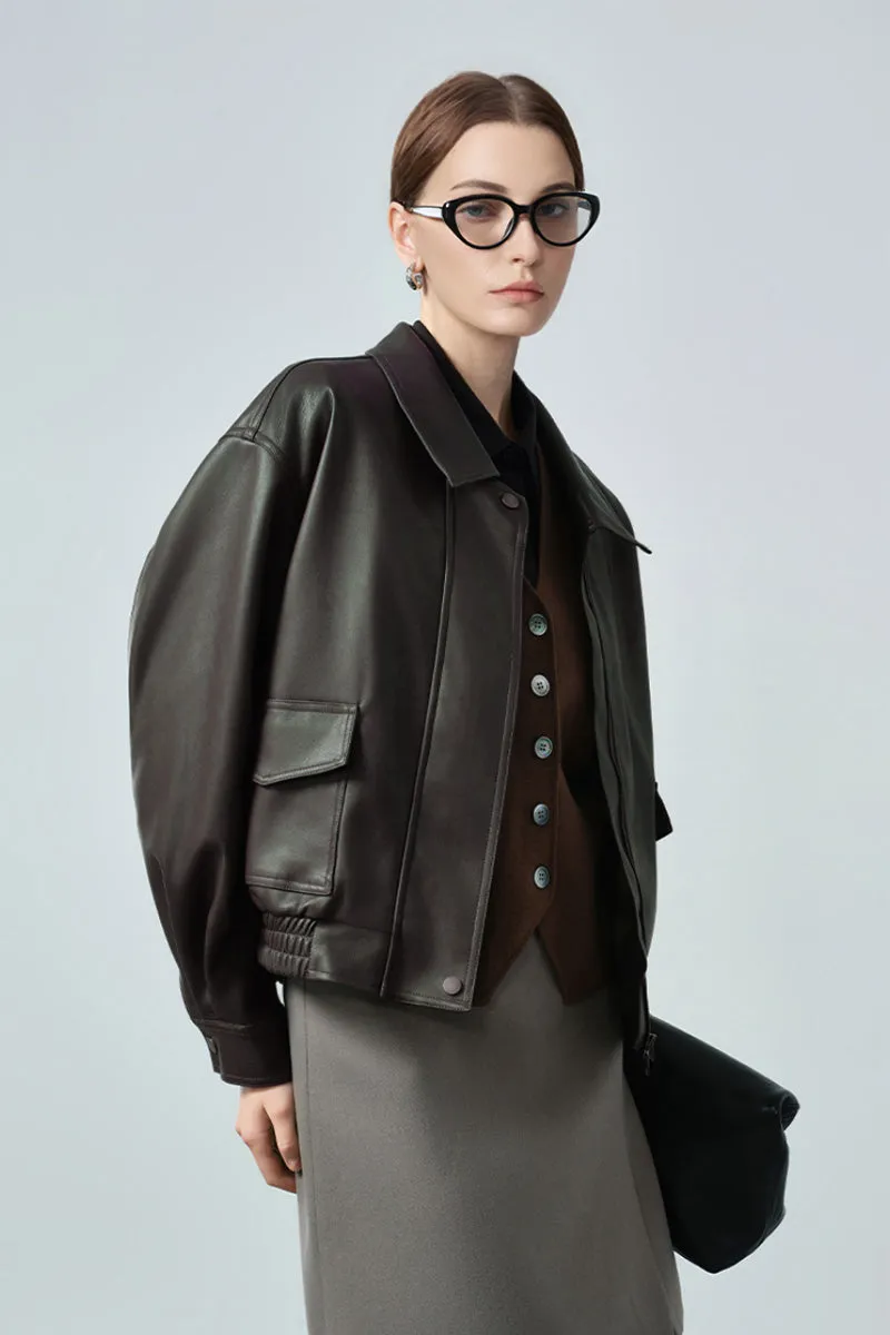 Classic Faux Leather Bomber Jacket in Green