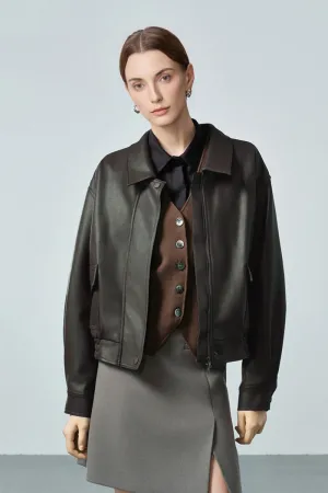 Classic Faux Leather Bomber Jacket in Green