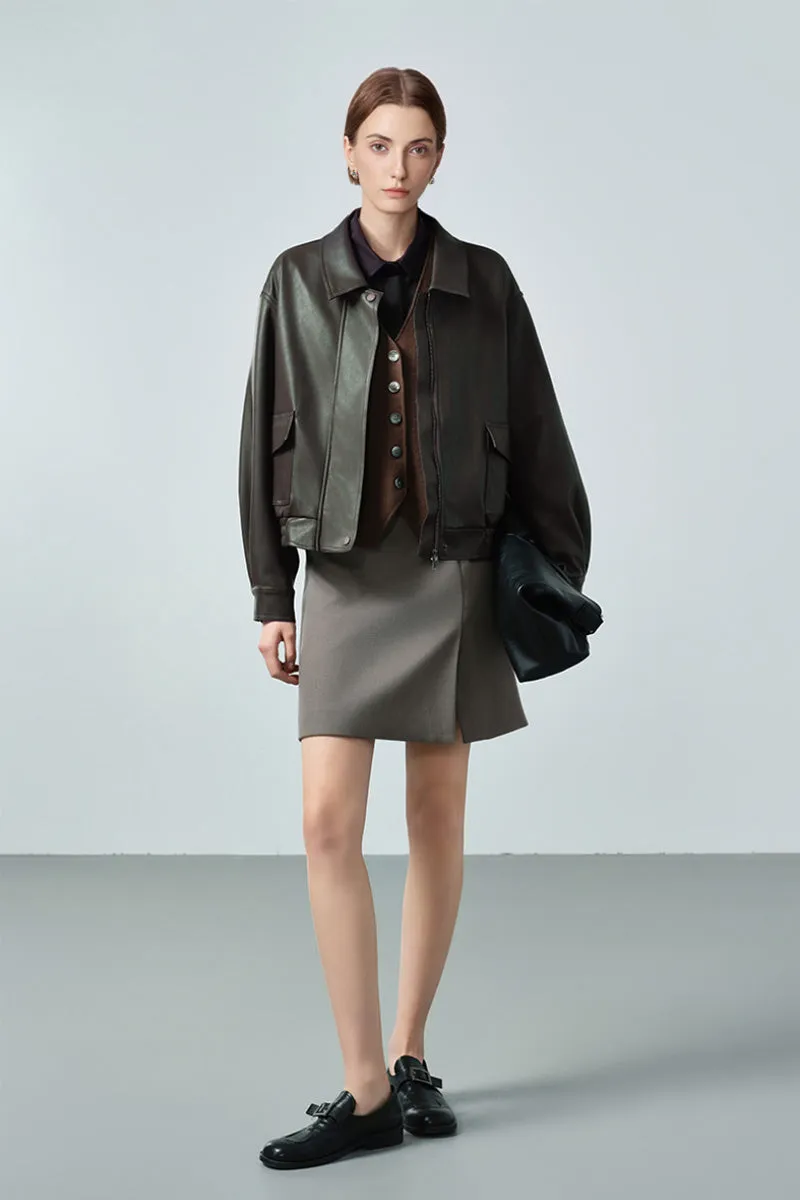 Classic Faux Leather Bomber Jacket in Green