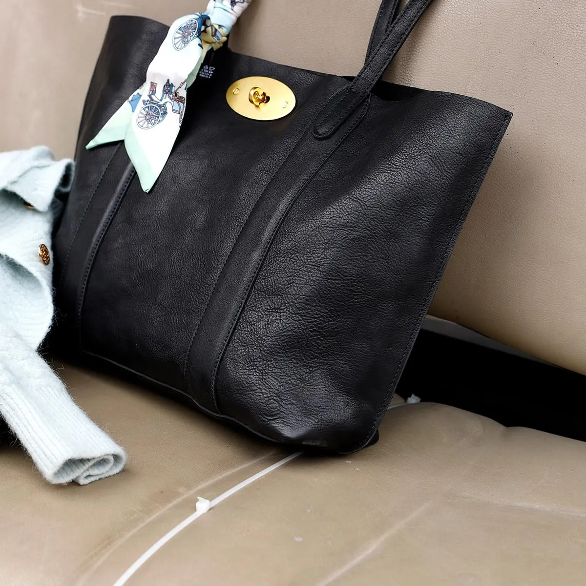 Classic Leather Tote Bag with Gold Hardware, Long Shoulder Straps, Available in Black, Brown, and Tan (Black, Large)