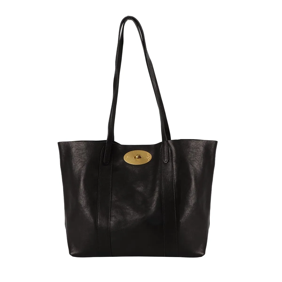 Classic Leather Tote Bag with Gold Hardware, Long Shoulder Straps, Available in Black, Brown, and Tan (Black, Large)