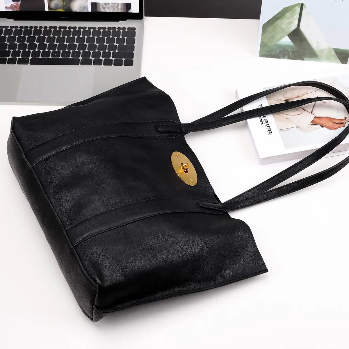 Classic Leather Tote Bag with Gold Hardware, Long Shoulder Straps, Available in Black, Brown, and Tan (Black, Large)