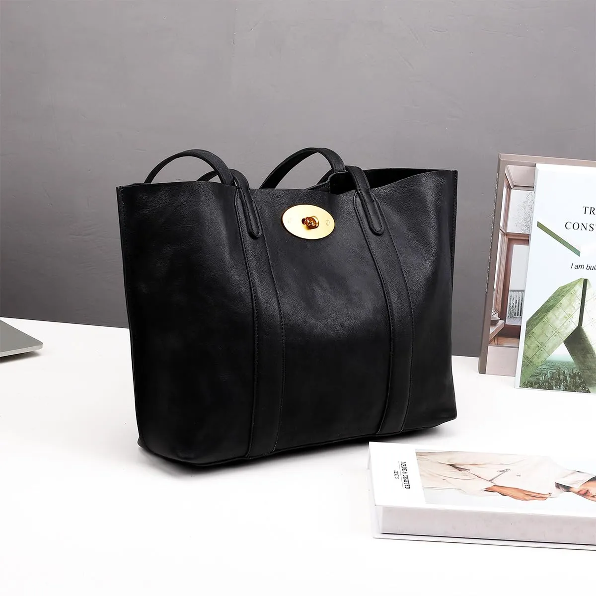 Classic Leather Tote Bag with Gold Hardware, Long Shoulder Straps, Available in Black, Brown, and Tan (Black, Large)