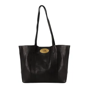 Classic Leather Tote Bag with Gold Hardware, Long Shoulder Straps, Available in Black, Brown, and Tan (Black, Large)