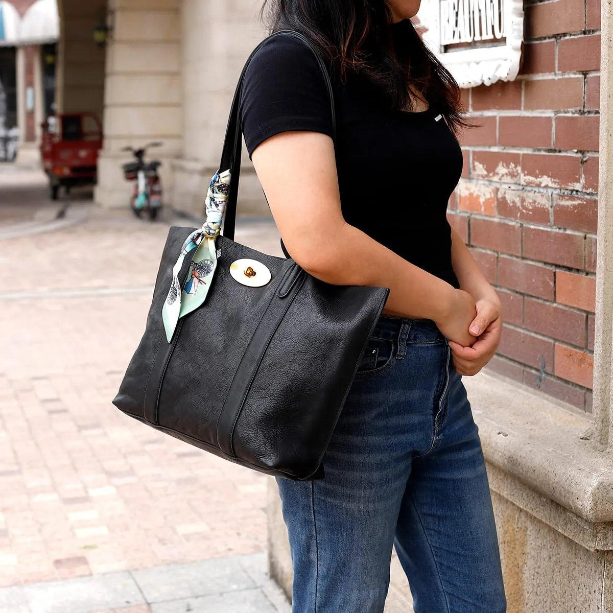 Classic Leather Tote Bag with Gold Hardware, Long Shoulder Straps, Available in Black, Brown, and Tan (Black, Large)