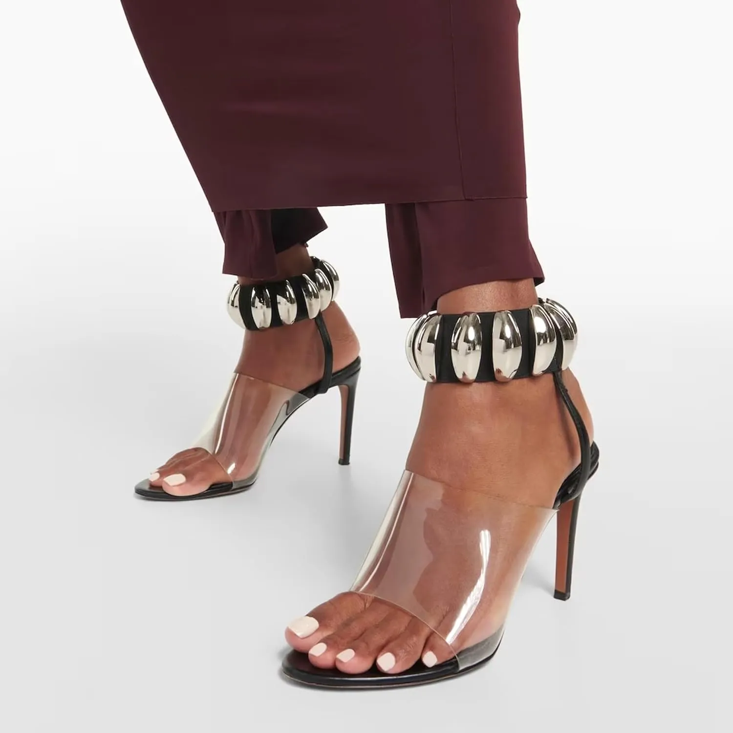 Clear Heels for Women Dress Shoes Large Size Metal Buckle PVC Sequined Peep Toe Stiletto Heel Ankle Strap Sandals Transparent Stilletos Open High Heeled Pump