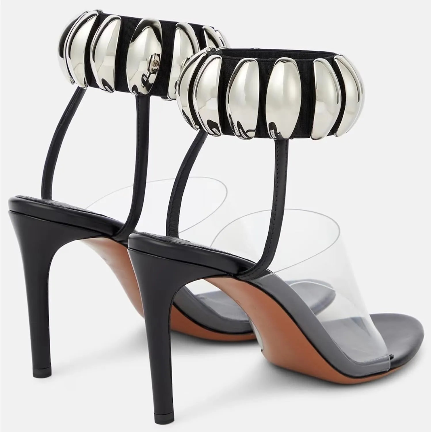 Clear Heels for Women Dress Shoes Large Size Metal Buckle PVC Sequined Peep Toe Stiletto Heel Ankle Strap Sandals Transparent Stilletos Open High Heeled Pump