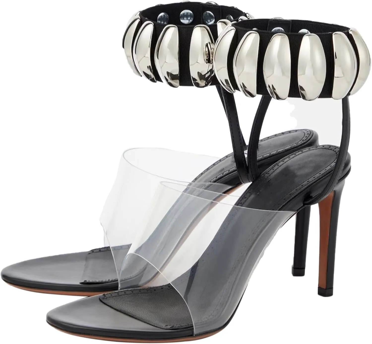 Clear Heels for Women Dress Shoes Large Size Metal Buckle PVC Sequined Peep Toe Stiletto Heel Ankle Strap Sandals Transparent Stilletos Open High Heeled Pump
