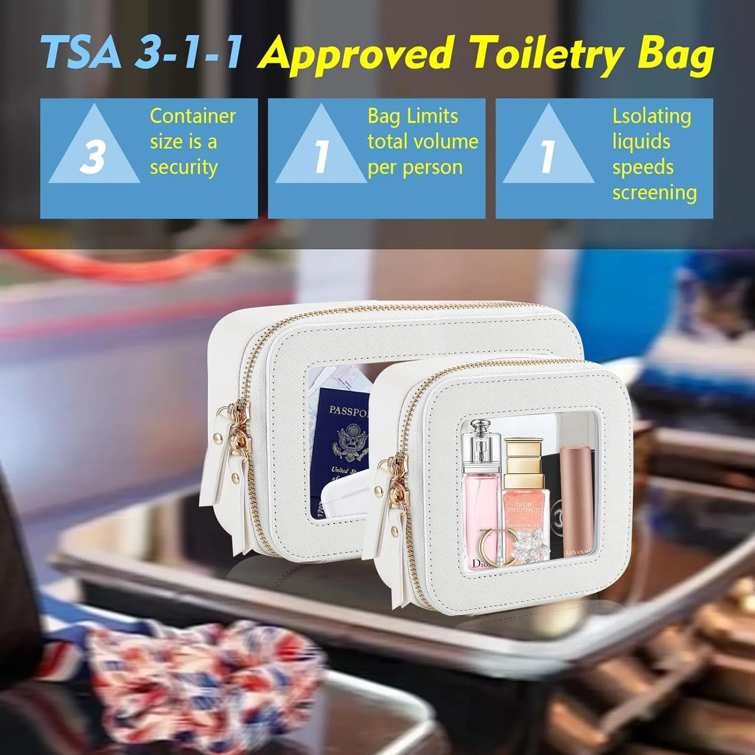 Clear Toiletry Bag and Mini Makeup Bag with Zipper Set is a Convenient, Waterproof Toiletry Bag for Travel and Essentials for Women on the Go(White, M MINI)