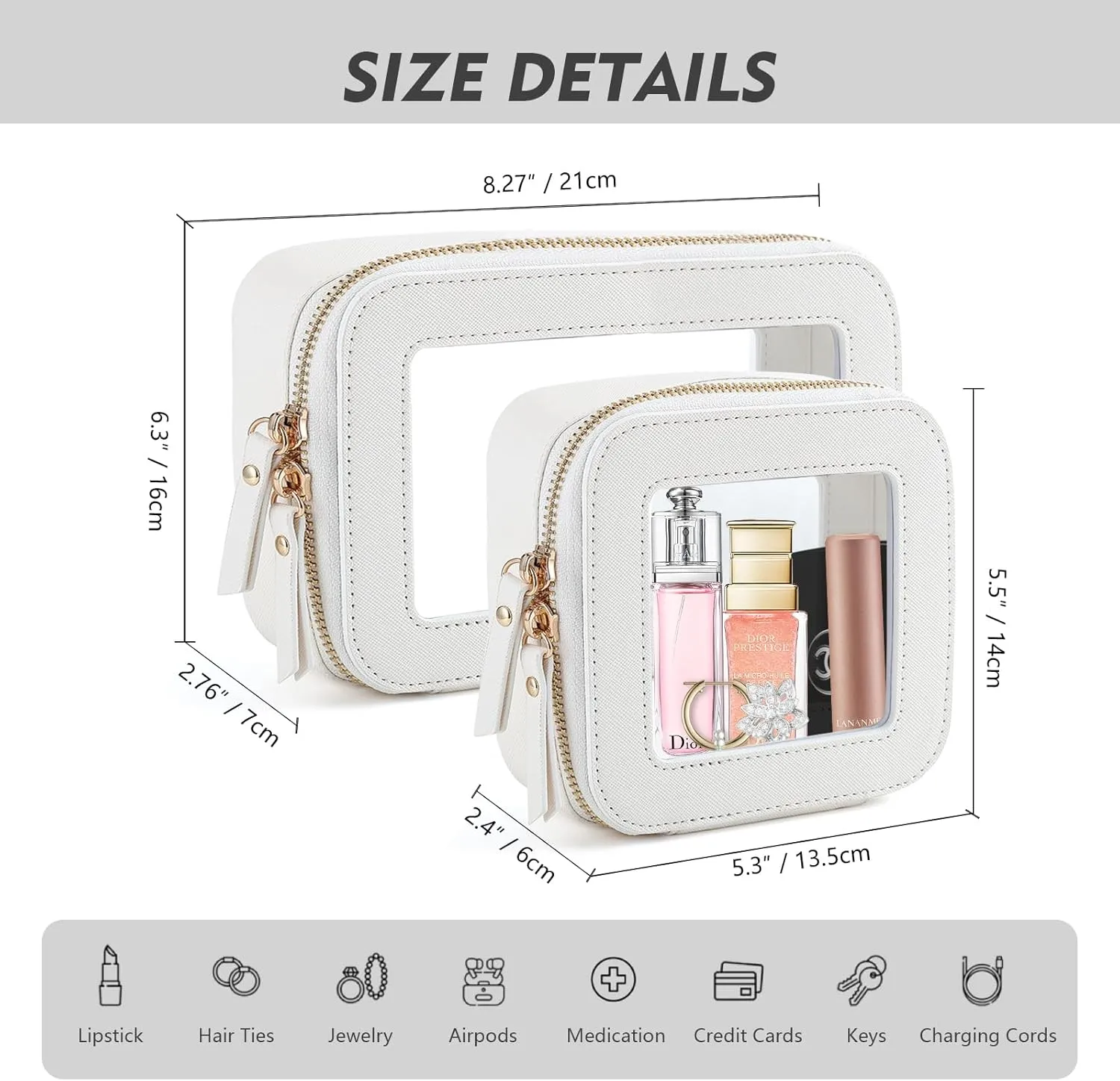 Clear Toiletry Bag and Mini Makeup Bag with Zipper Set is a Convenient, Waterproof Toiletry Bag for Travel and Essentials for Women on the Go(White, M MINI)