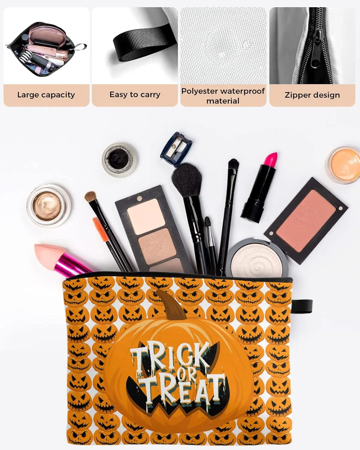 Close-up Pumpkin Carving Bats Cosmetic Bags for Women, Simple Trick or Treat White Small Makeup Bag for Purse, Waterproof Travel Toiletry Bag Accessories Organizer, 2PCS
