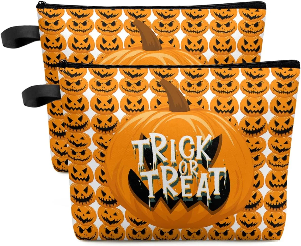 Close-up Pumpkin Carving Bats Cosmetic Bags for Women, Simple Trick or Treat White Small Makeup Bag for Purse, Waterproof Travel Toiletry Bag Accessories Organizer, 2PCS
