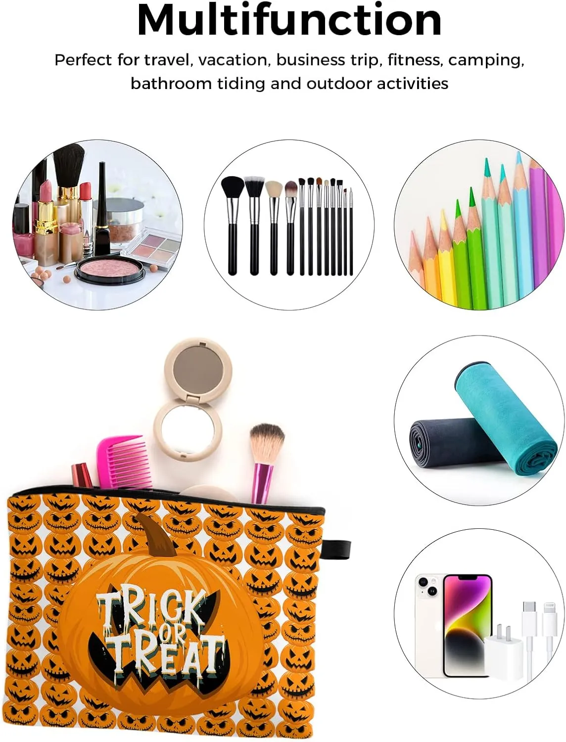 Close-up Pumpkin Carving Bats Cosmetic Bags for Women, Simple Trick or Treat White Small Makeup Bag for Purse, Waterproof Travel Toiletry Bag Accessories Organizer, 2PCS