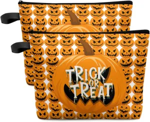 Close-up Pumpkin Carving Bats Cosmetic Bags for Women, Simple Trick or Treat White Small Makeup Bag for Purse, Waterproof Travel Toiletry Bag Accessories Organizer, 2PCS