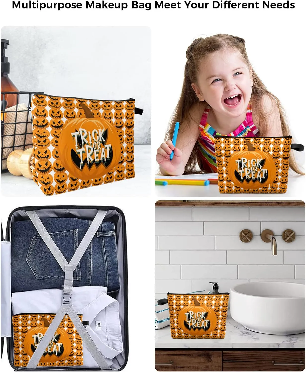 Close-up Pumpkin Carving Bats Cosmetic Bags for Women, Simple Trick or Treat White Small Makeup Bag for Purse, Waterproof Travel Toiletry Bag Accessories Organizer, 2PCS