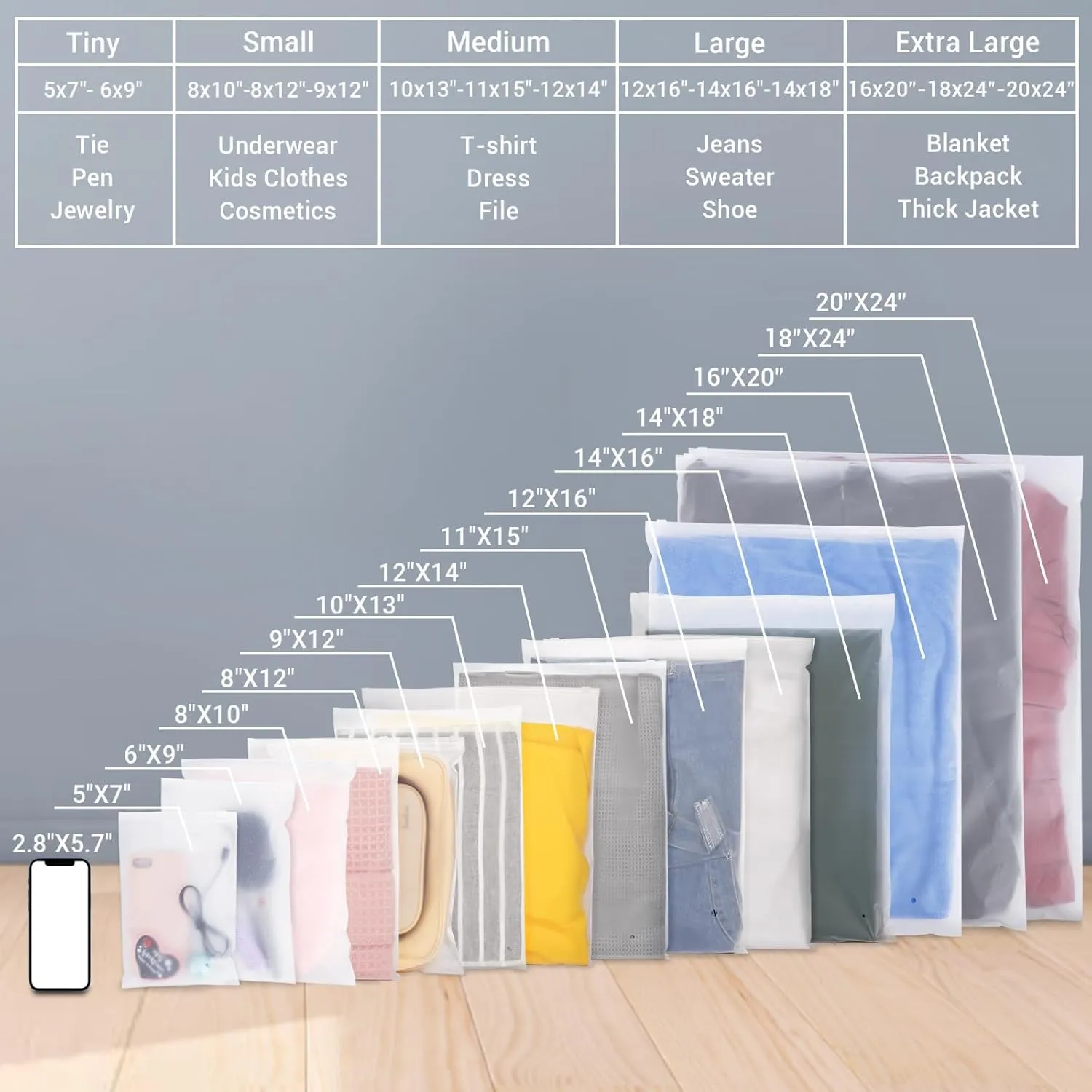 Clothing Bags, 25 Count 18x24 inch Jumbo Extra Large Frosted Zipper Plastic Bags for Clothes, Sweater Dress, Jacket, Backpack, T Shirt Packaging Shipping, 3 Mil, with Vent Holes