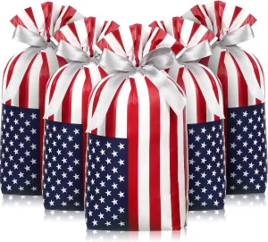 Clysee 100 Pcs Patriotic Gift Bags Bulk with Drawstring 4th of July Plastic American Flag Treat Goodie Bags USA Red Blue and White Candy Pouches Independence Day Patriotic Party Favors Supplies