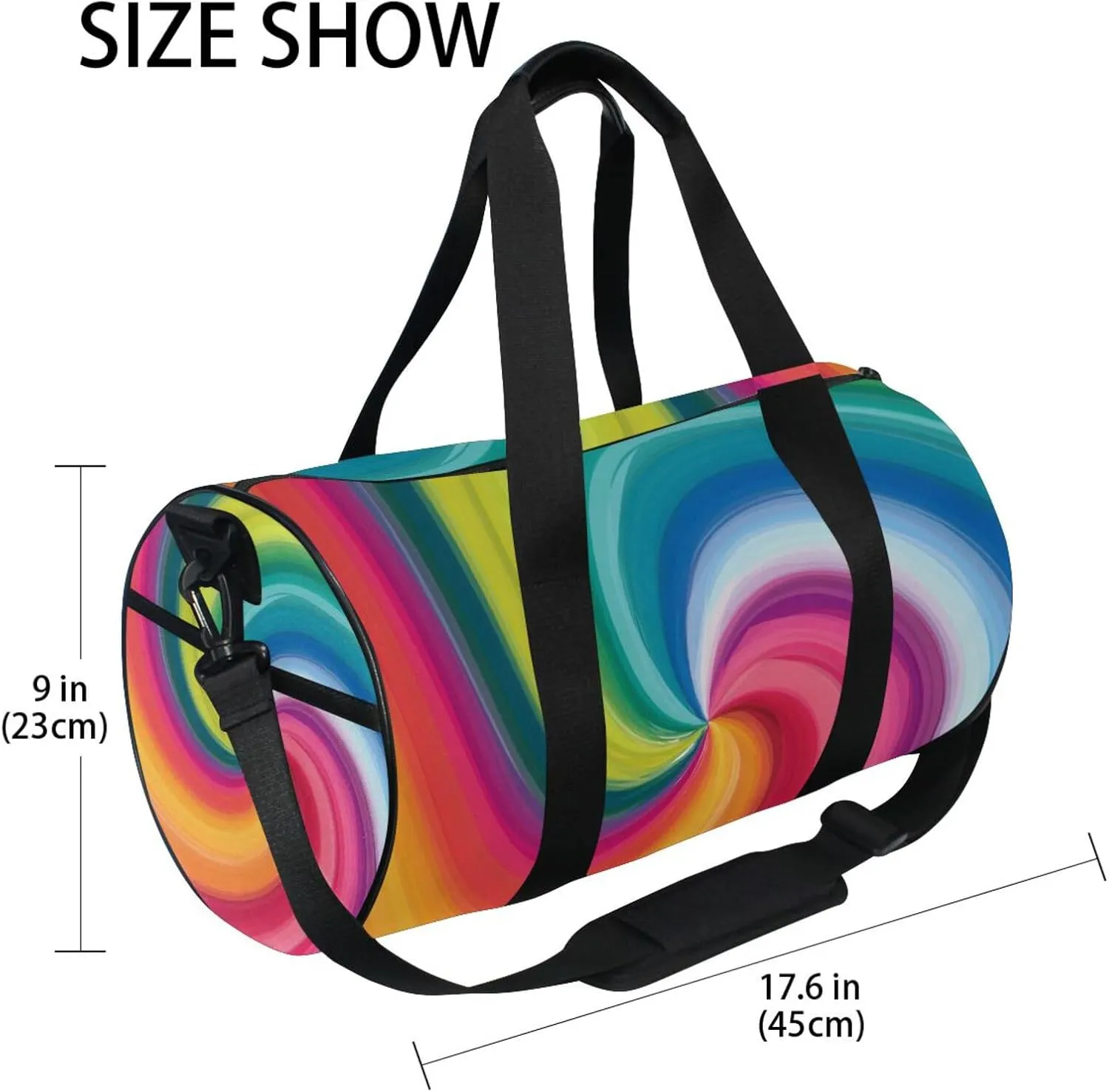 Concentric Rainbow, Spectrum Spirally Lines, Twisting Rotating lines Portable Gym Bag, Travel Bag, Luggage bag, Sports Bag, Toiletry Bag with Handles, Detachable Shoulder Strap 17.6 x 9 x 9 inch
