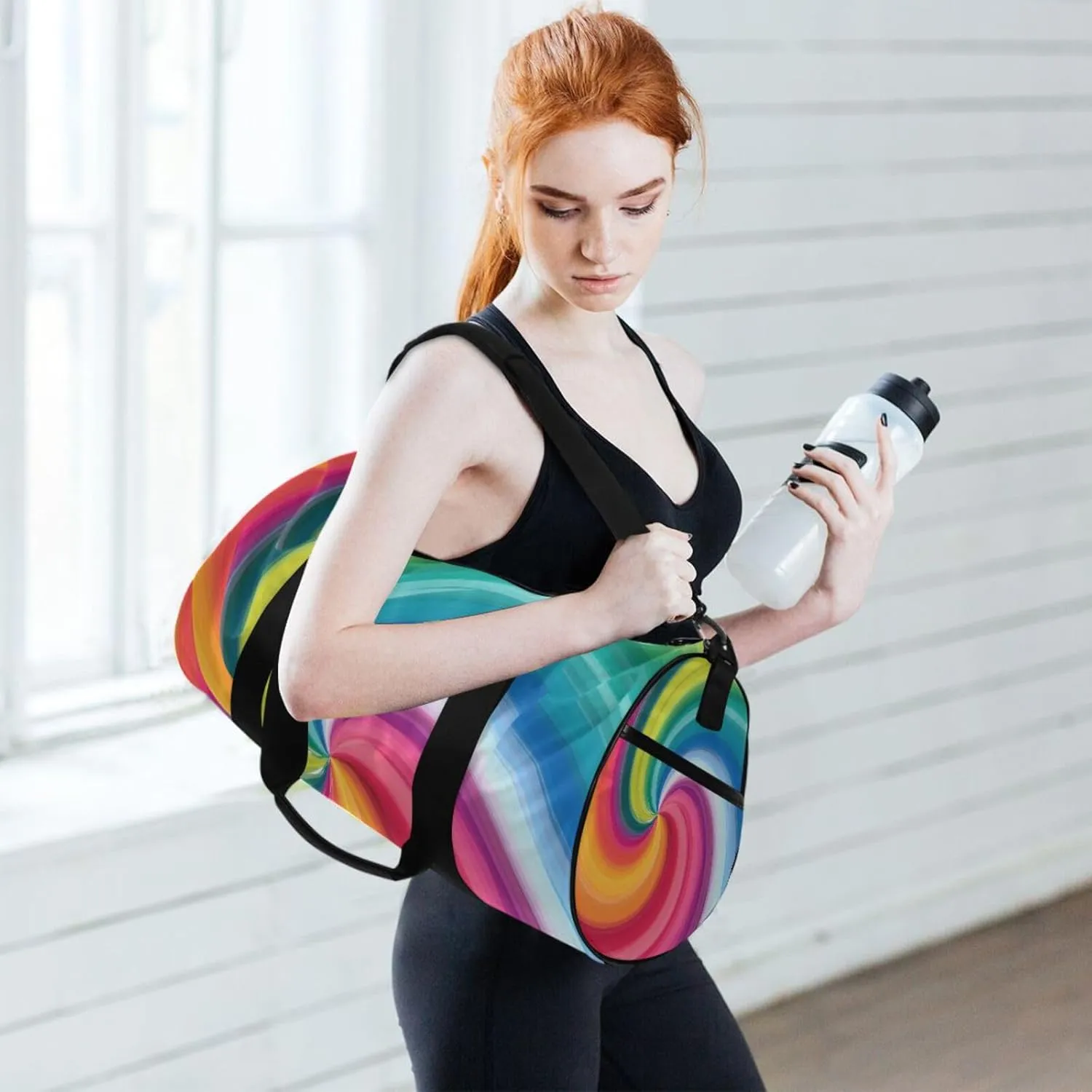 Concentric Rainbow, Spectrum Spirally Lines, Twisting Rotating lines Portable Gym Bag, Travel Bag, Luggage bag, Sports Bag, Toiletry Bag with Handles, Detachable Shoulder Strap 17.6 x 9 x 9 inch