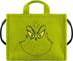 Concept One Dr. Seuss The Grinch Tote Bag, Faux Fur Travel Handbag with Adjustable Shoulder Strap and Trolley Sleeve, Green