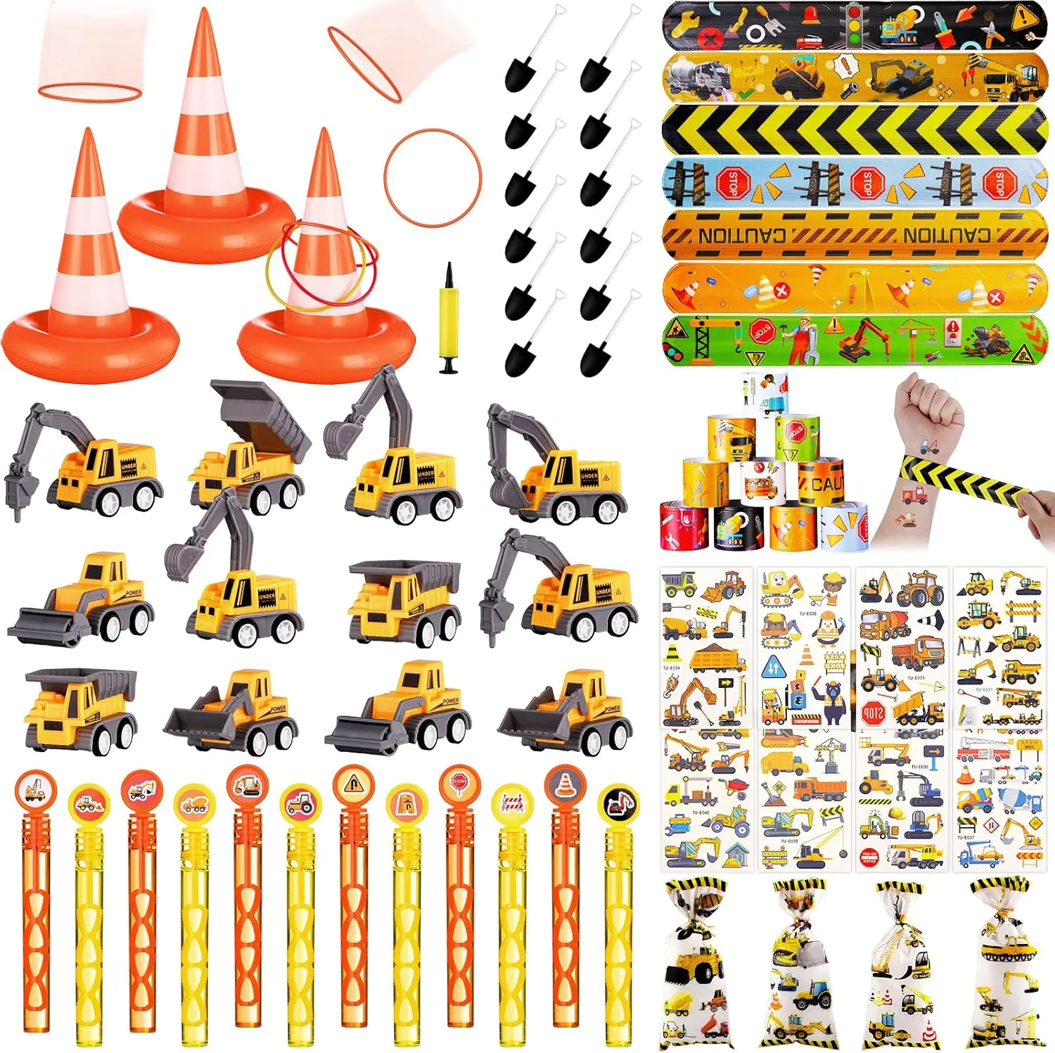 Construction Party Favors Birthday Decorations for Kids Ring Toss Game Mini Vehicles Toys Temporary Tattoos Gift Bags for Pinata Fillers Classroom Rewards
