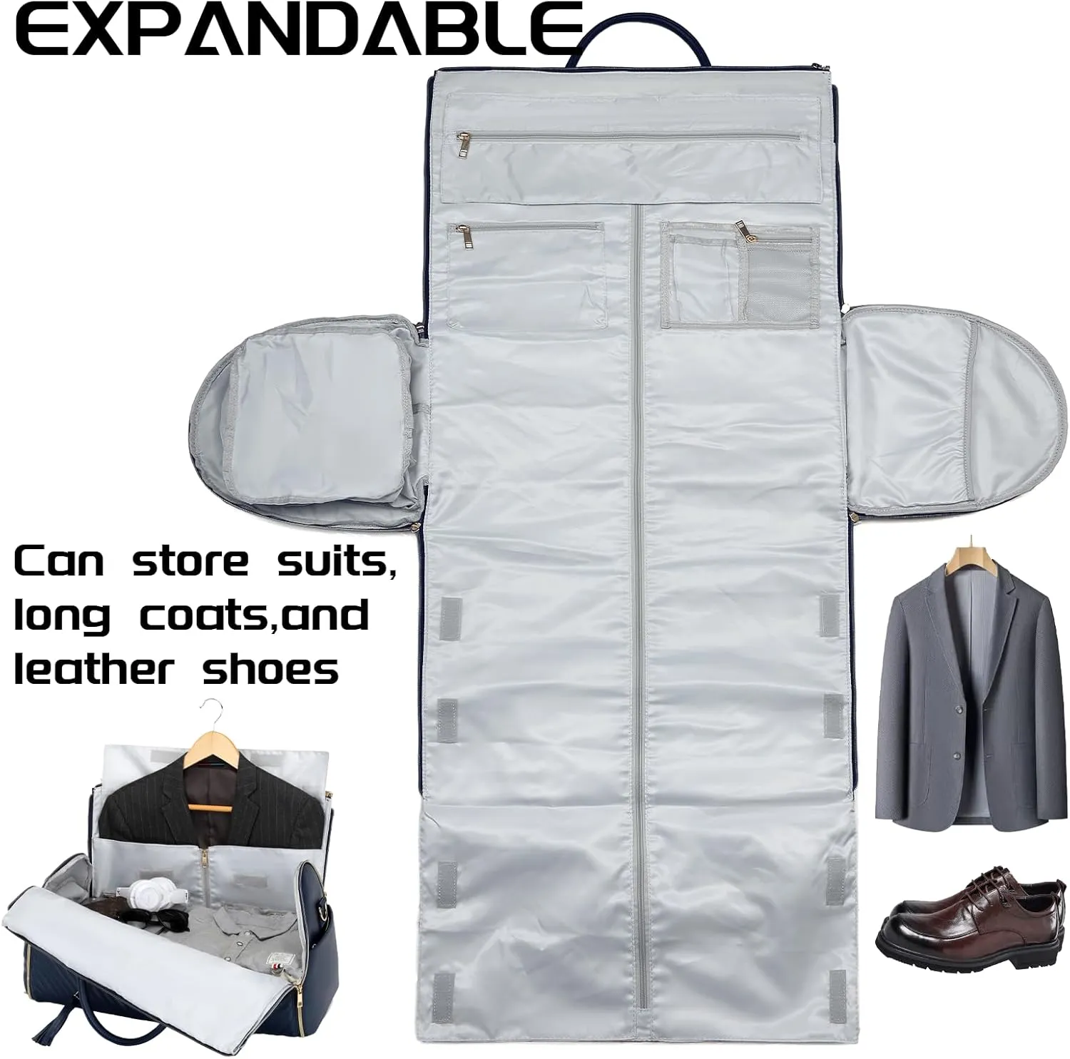 Convertible Carry on Garment Bag，PU Leather Garment Bags for Travel with Shoe Pouch 2 in 1 Hanging Suitcase Suit Ba