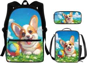 Corgi Backpack for Girls 10-12 with Lunchbox Cute Book Bags for Girls Teen Elementary Middle School Backpack Purse Lightweight Shoulder Bags Daypack