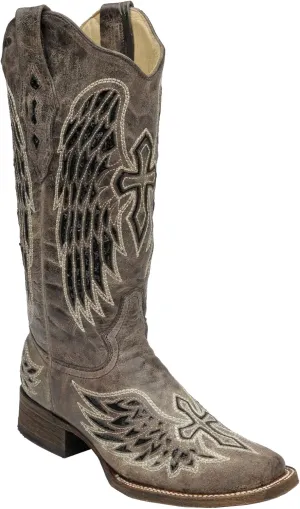 Corral Boots Women's Black Glitter Inlay Cross and Wings Embroidery Square Toe Cowboy Boot