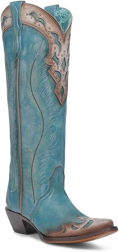 CORRAL LADIE'S AQUA-SAND FEATHERS EMBROIDERY & CRACKLED OVERLAY & STUDS TALL TOP, LEATHER SOLE, COWHIDE LEATHER, WESTERN BOOT, A4766