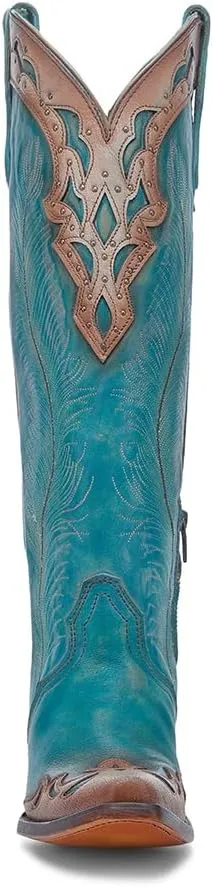 CORRAL LADIE'S AQUA-SAND FEATHERS EMBROIDERY & CRACKLED OVERLAY & STUDS TALL TOP, LEATHER SOLE, COWHIDE LEATHER, WESTERN BOOT, A4766