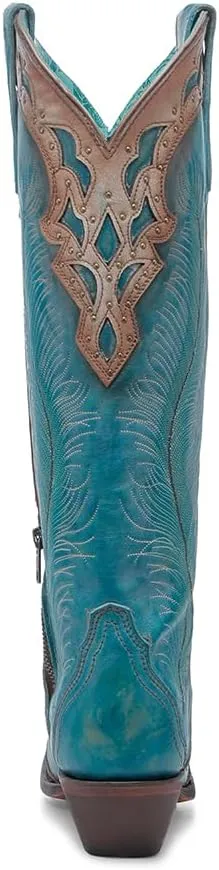 CORRAL LADIE'S AQUA-SAND FEATHERS EMBROIDERY & CRACKLED OVERLAY & STUDS TALL TOP, LEATHER SOLE, COWHIDE LEATHER, WESTERN BOOT, A4766