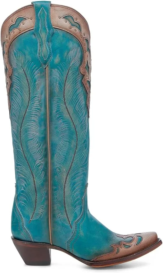 CORRAL LADIE'S AQUA-SAND FEATHERS EMBROIDERY & CRACKLED OVERLAY & STUDS TALL TOP, LEATHER SOLE, COWHIDE LEATHER, WESTERN BOOT, A4766