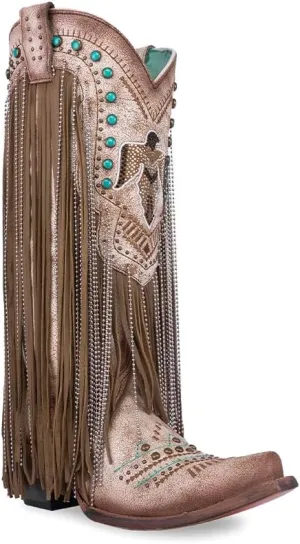 CORRAL LADIE'S BEIGE EMBROIDERY & CRYSTALS EAGLE & LAMB FRINGES, CORRAL LARGE 52.0 X 32.0 X 11.5 SOLE,COWHIDE/LAMB LEATHER, WESTERN BOOT, C4088