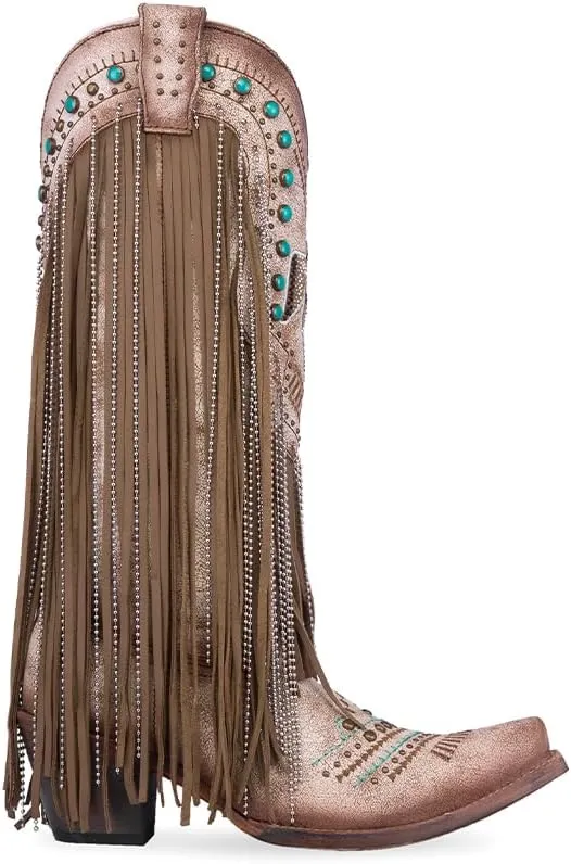 CORRAL LADIE'S BEIGE EMBROIDERY & CRYSTALS EAGLE & LAMB FRINGES, CORRAL LARGE 52.0 X 32.0 X 11.5 SOLE,COWHIDE/LAMB LEATHER, WESTERN BOOT, C4088