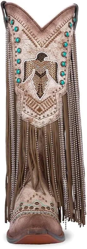 CORRAL LADIE'S BEIGE EMBROIDERY & CRYSTALS EAGLE & LAMB FRINGES, CORRAL LARGE 52.0 X 32.0 X 11.5 SOLE,COWHIDE/LAMB LEATHER, WESTERN BOOT, C4088