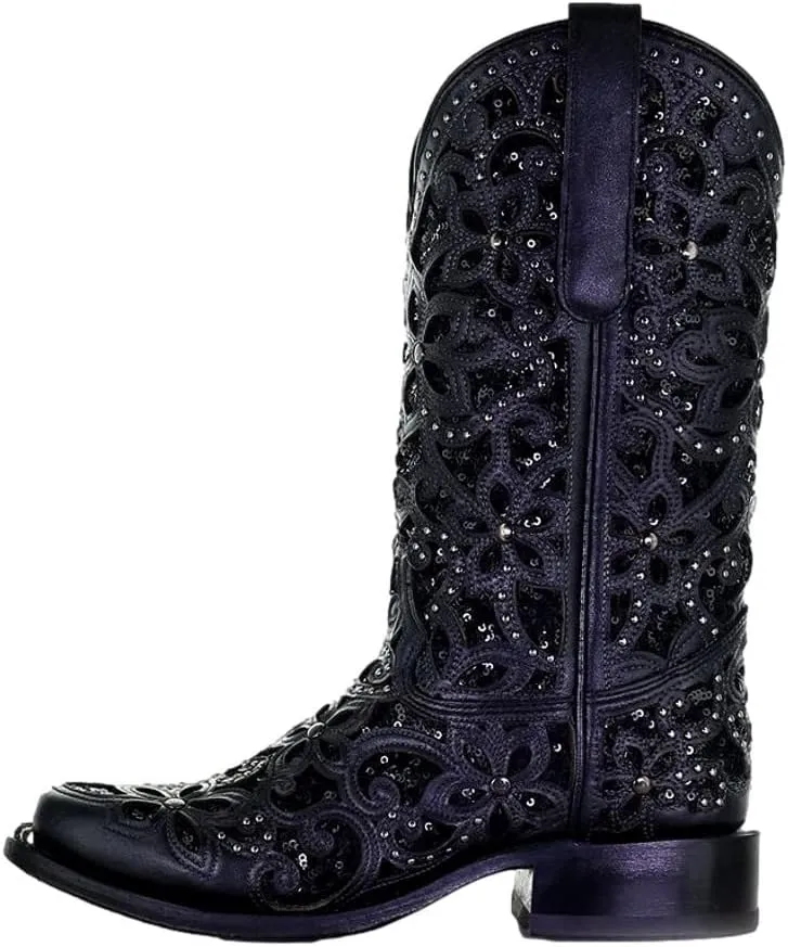CORRAL LADIE'S BLACK INLAY & EMBROIDERY & STUDS SQ. TOE, LEATHER SOLE, WESTERN A4128