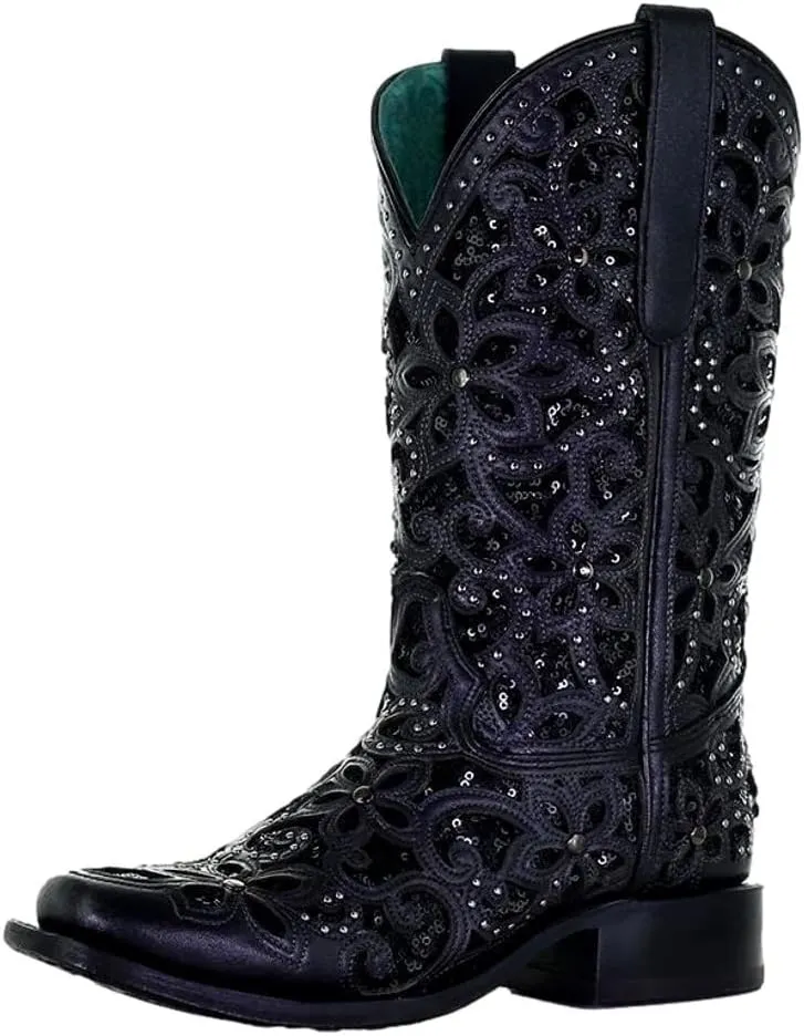 CORRAL LADIE'S BLACK INLAY & EMBROIDERY & STUDS SQ. TOE, LEATHER SOLE, WESTERN A4128