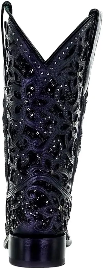 CORRAL LADIE'S BLACK INLAY & EMBROIDERY & STUDS SQ. TOE, LEATHER SOLE, WESTERN A4128