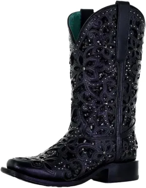 CORRAL LADIE'S BLACK INLAY & EMBROIDERY & STUDS SQ. TOE, LEATHER SOLE, WESTERN A4128