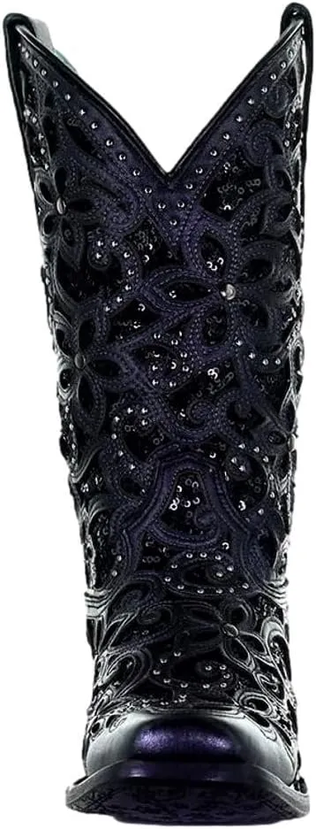 CORRAL LADIE'S BLACK INLAY & EMBROIDERY & STUDS SQ. TOE, LEATHER SOLE, WESTERN A4128