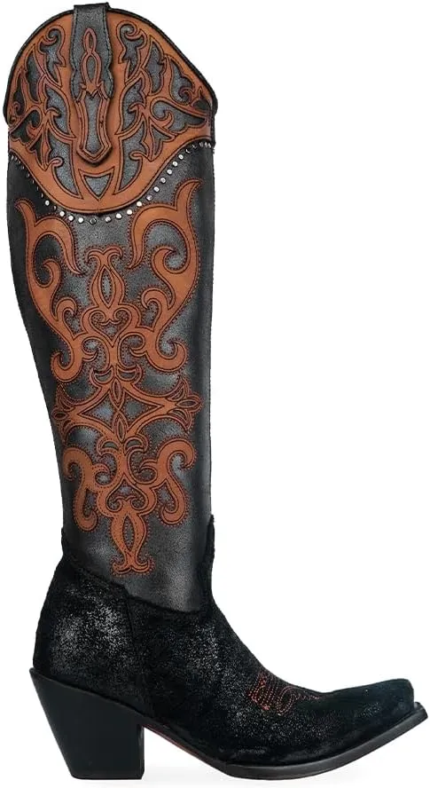 CORRAL LADIE'S BLACK OVERLAY & EMBROIDERY & STUDS TALL TOP, CORRAL LARGE 52.0 X 32.0 X 11.5 SOLE,COWHIDE LEATHER, URBAN BOOT, C4092
