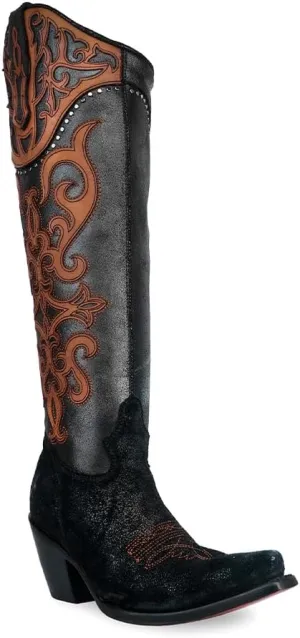 CORRAL LADIE'S BLACK OVERLAY & EMBROIDERY & STUDS TALL TOP, CORRAL LARGE 52.0 X 32.0 X 11.5 SOLE,COWHIDE LEATHER, URBAN BOOT, C4092