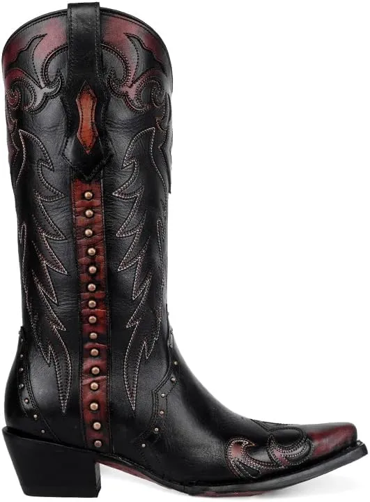 CORRAL LADIE'S BLACK/COGNAC EMBROIDERY & STUDS & SIDE ZIPPER TRIAD, CORRAL 43.8 X 34.8 X 11.0 SOLE,COWHIDE LEATHER, WESTERN BOOT, F1352